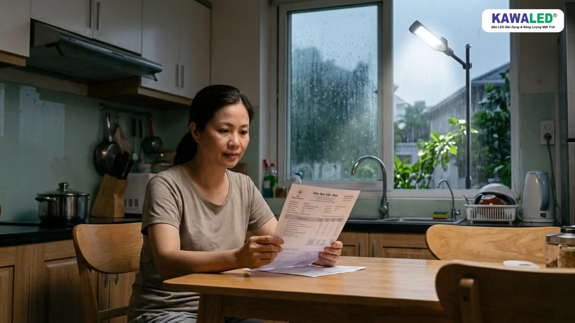 Người phụ nữ xem hóa đơn điện với đèn led ngoài trời hoạt động khi trời mưa