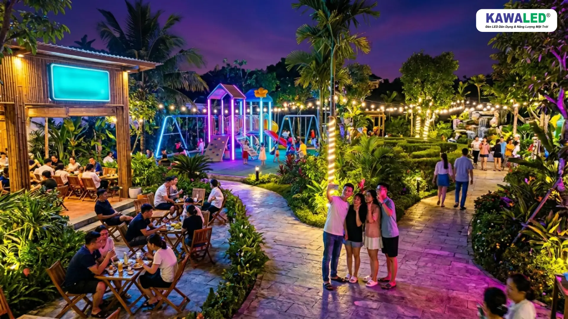 Khu vui chơi kết hợp quán café sân vườn sử dụng đèn led trang trí ngoài trời đổi màu RGB vào ban đêm
