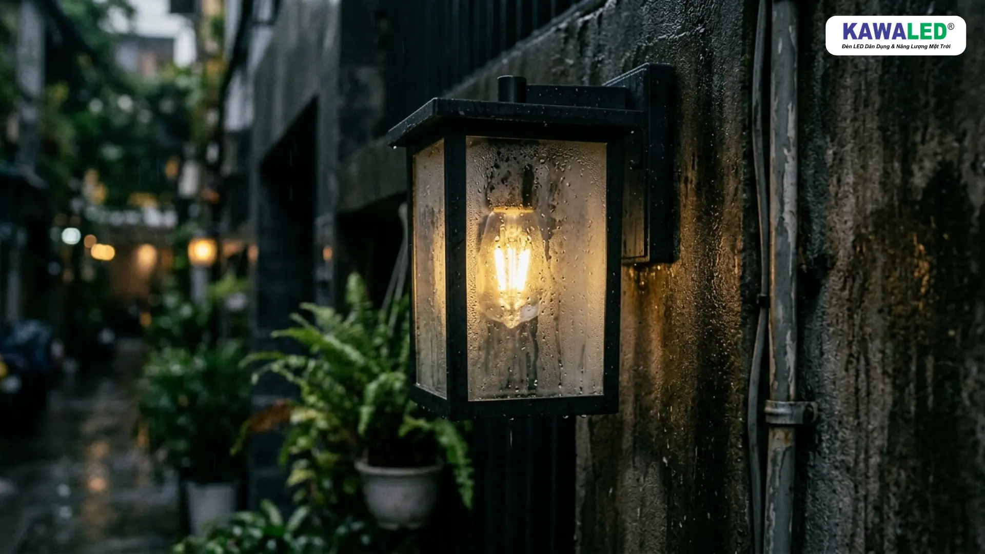 Đèn treo tường ngoài trời bị đọng hơi nước sau mưa lớn