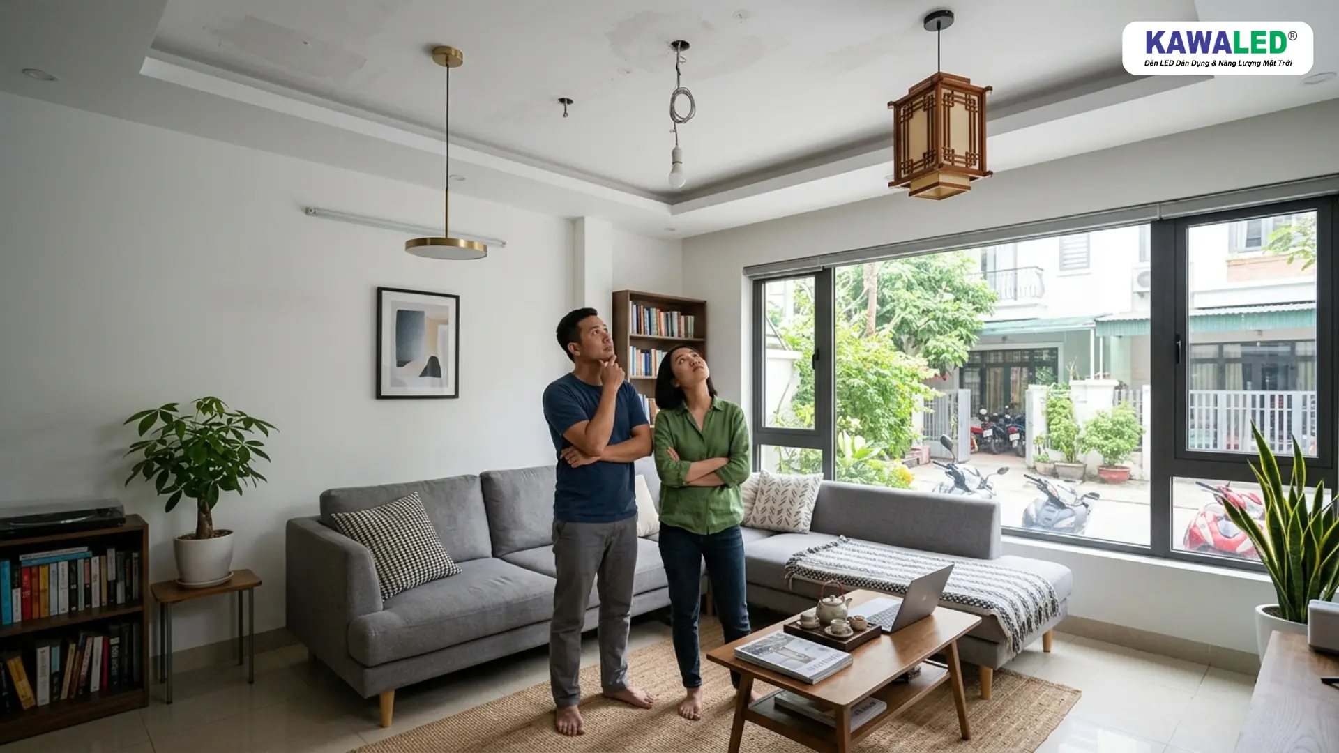 Gia đình phân vân lựa chọn đèn ốp trần vuông cho phòng khách nhà phố hiện đại
