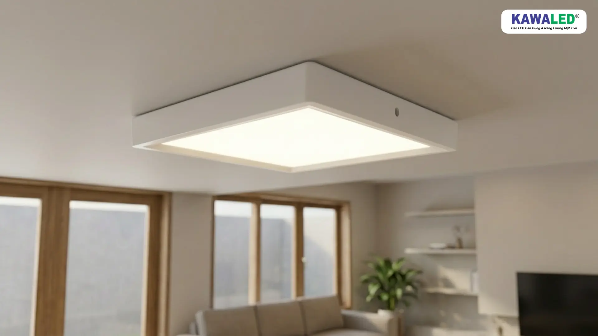 Cận cảnh đèn ốp trần vuông thiết kế mỏng ánh sáng dịu cho nhà hiện đại