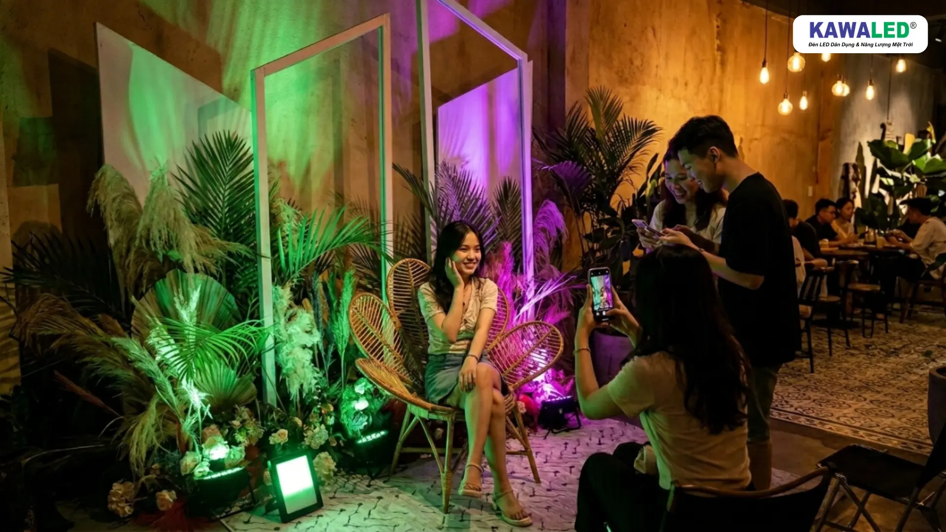 Đèn pha đổi màu RGB mini decor quán cafe và homestay ngoài trời