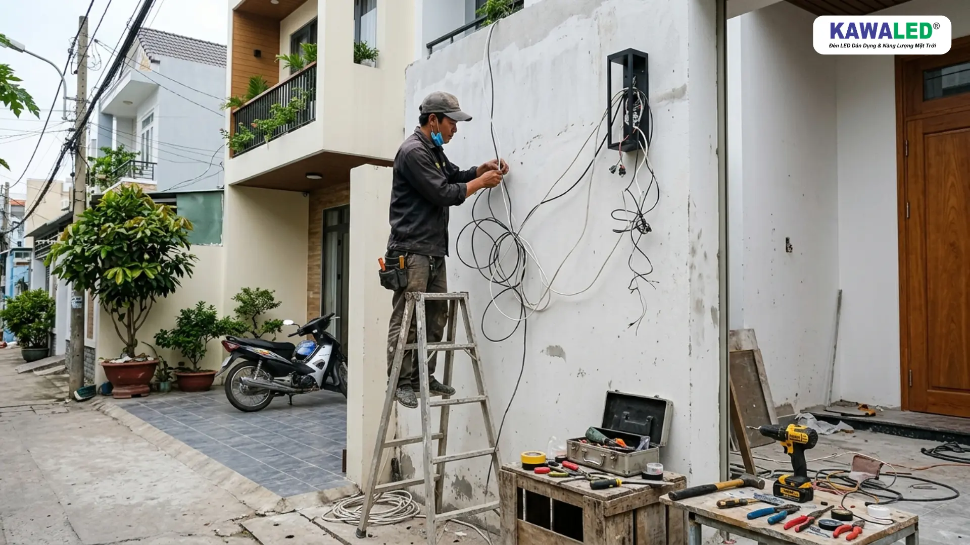 Thợ điện đang đi dây đèn ngoài trời cho nhà phố