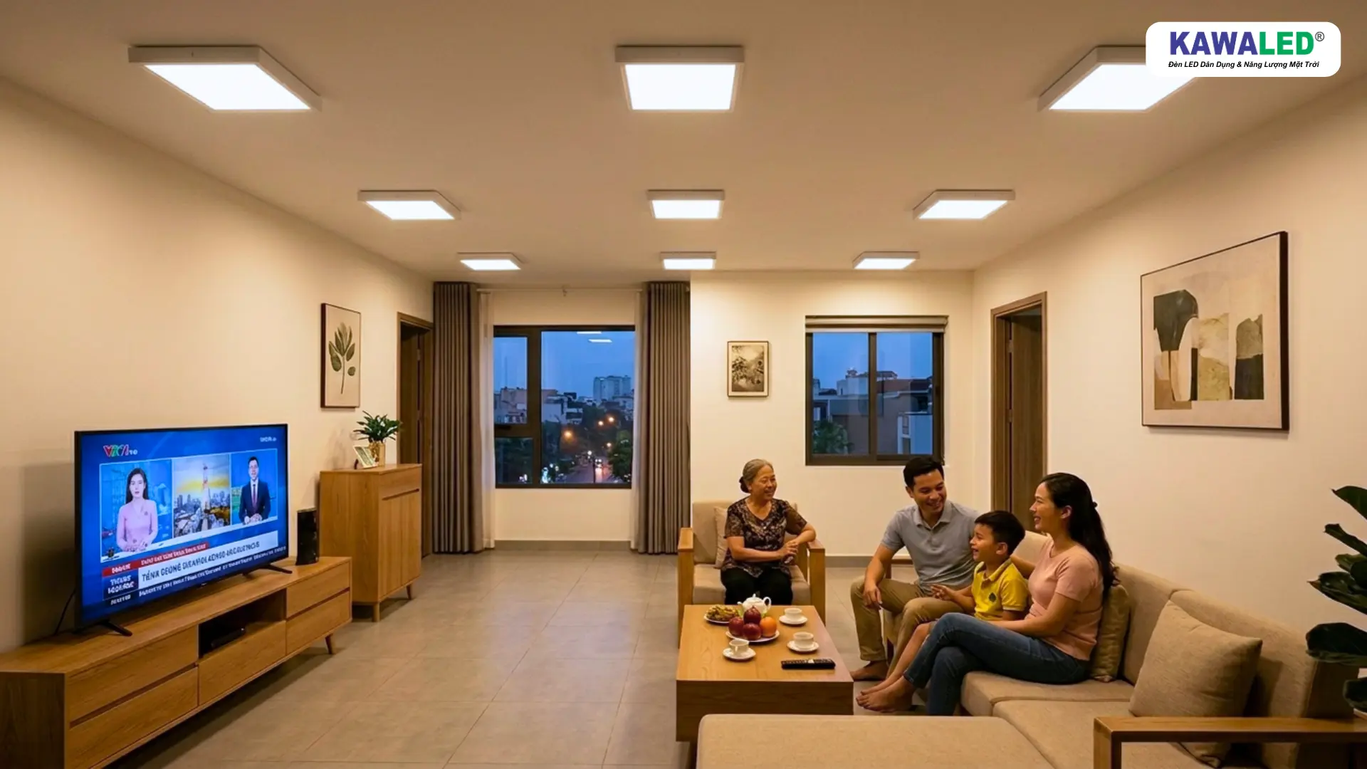 Gia đình sinh hoạt trong phòng khách sử dụng đèn ốp trần vuông hiện đại