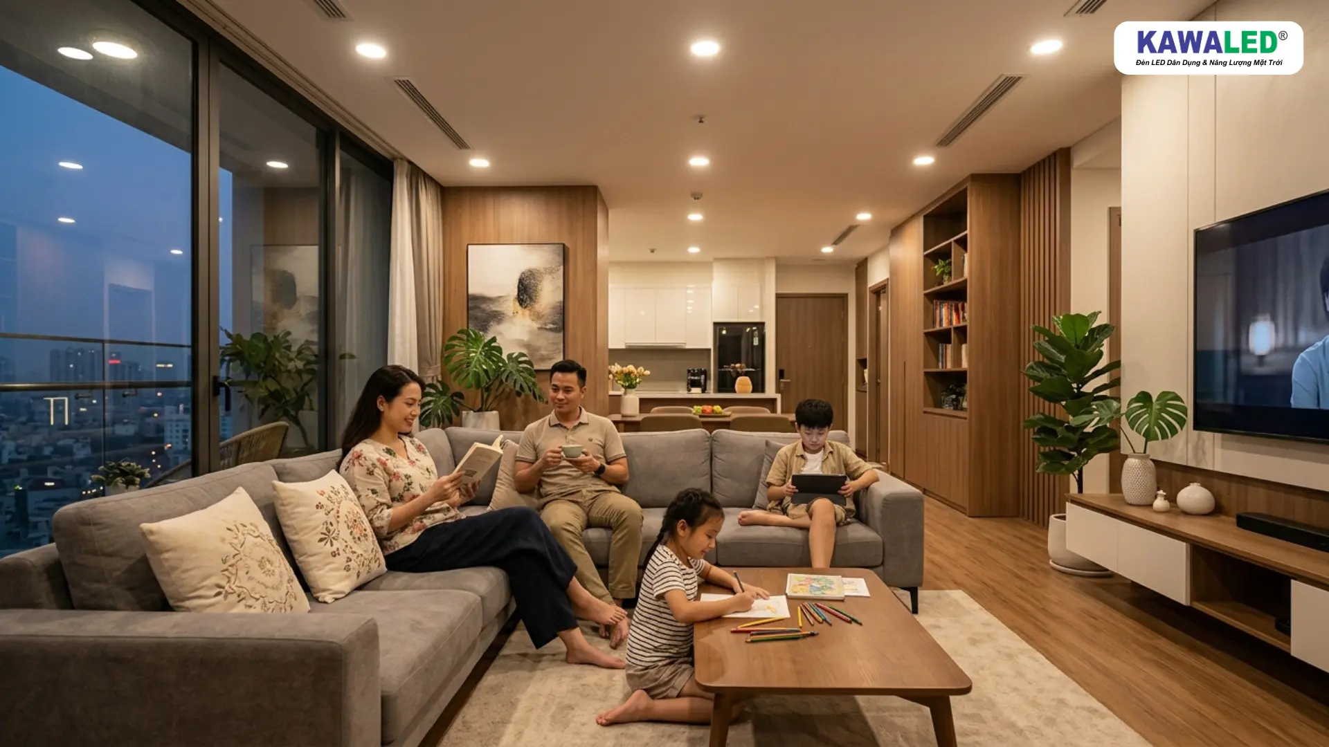Gia đình thư giãn trong phòng khách sử dụng đèn led âm trần
