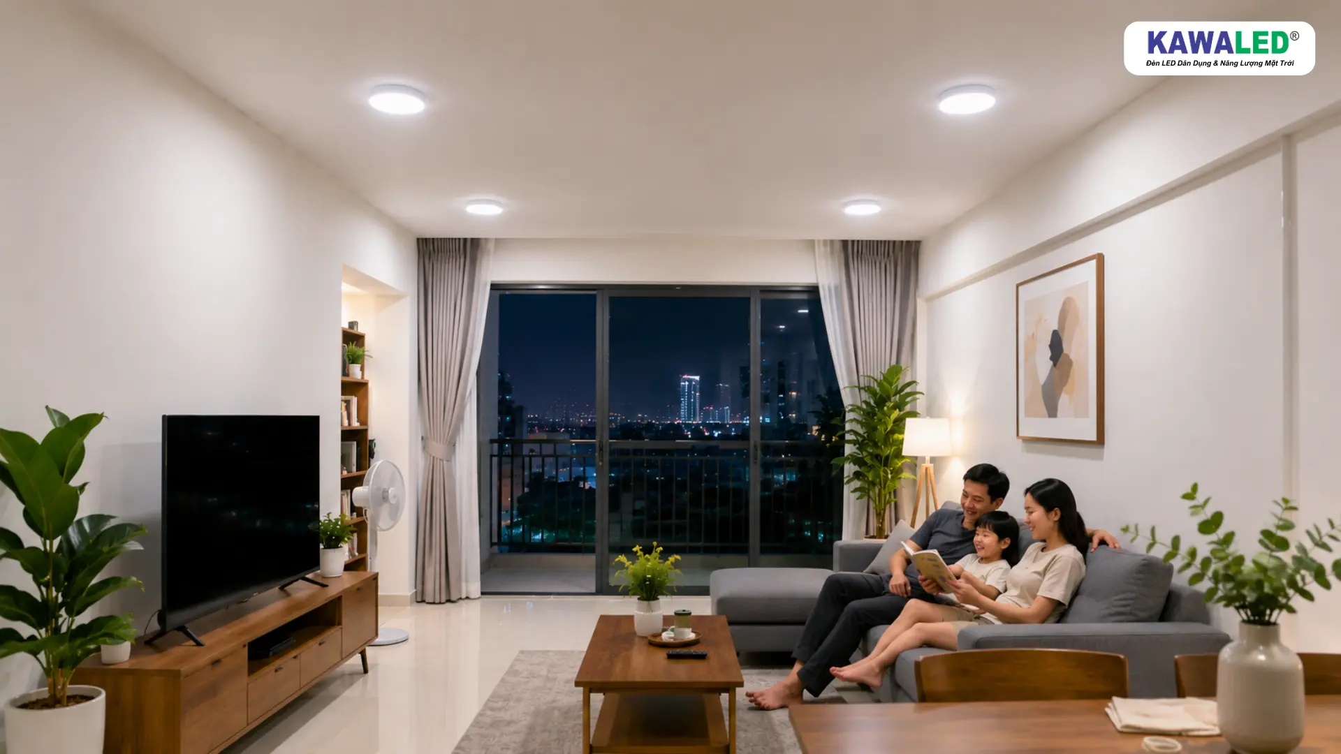 gia đình thư giãn trong phòng khách sử dụng đèn led ốp trần ánh sáng trắng 6000k