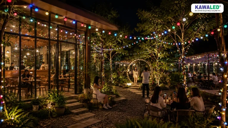 Góc check-in quán café sân vườn sử dụng bóng đèn trang trí nhiều màu KAWALED