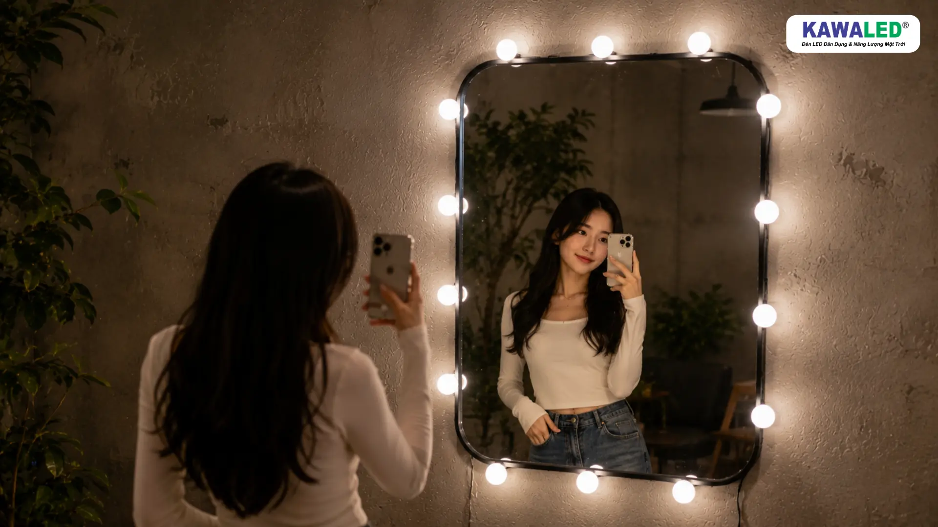 Gương selfie decor bằng bóng đèn LED tròn màu trắng KAWALED
