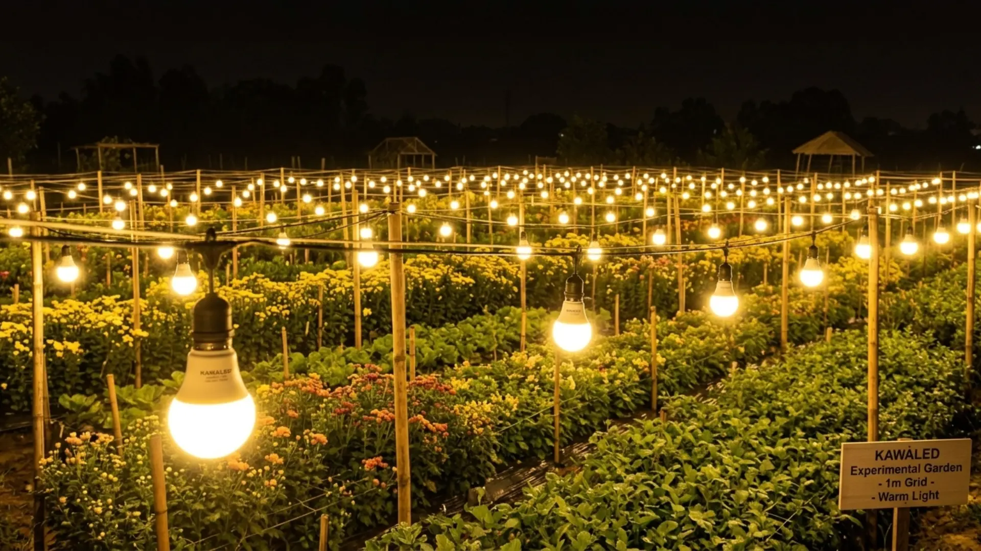 Nhiều bóng đèn led bulb treo ngoài trời chiếu sáng khu vườn vào ban đêm