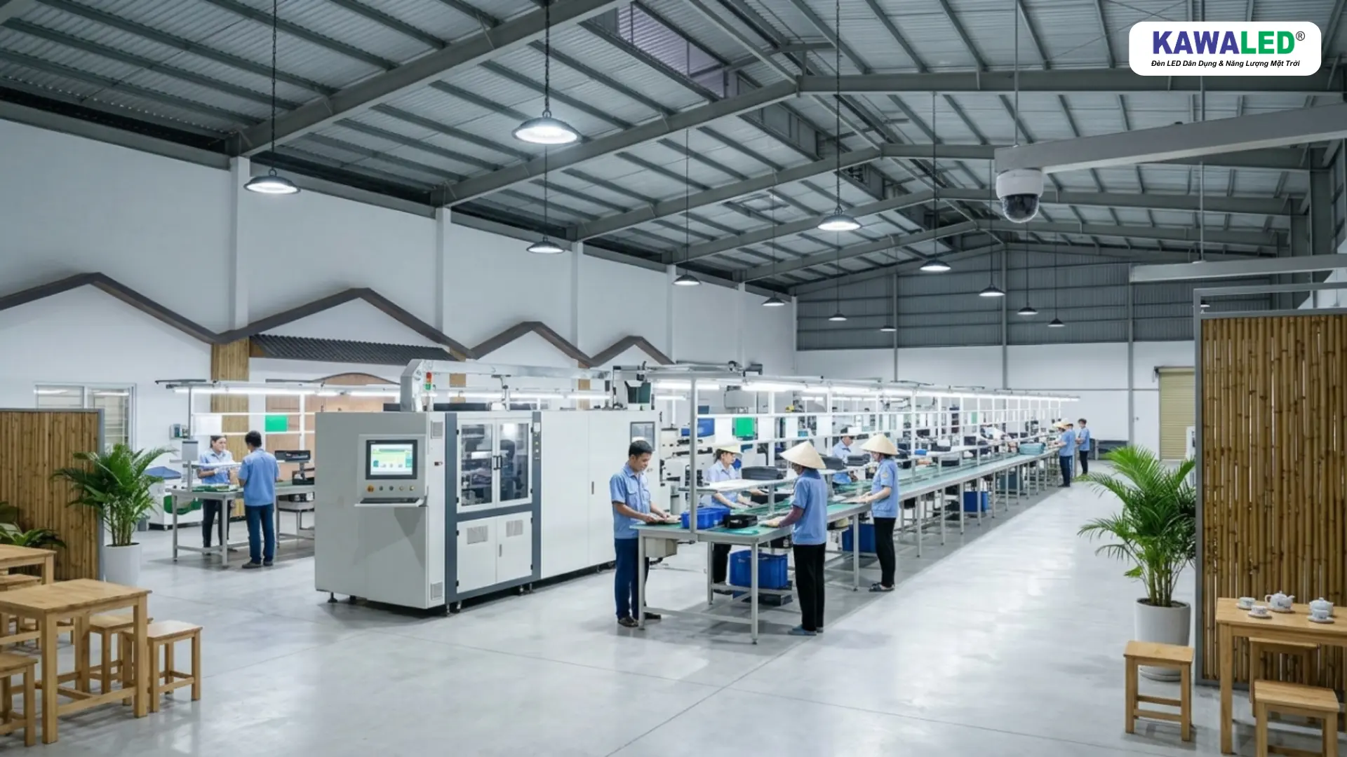 Nhà xưởng hiện đại sử dụng đèn led highbay ánh sáng đồng đều và ổn định