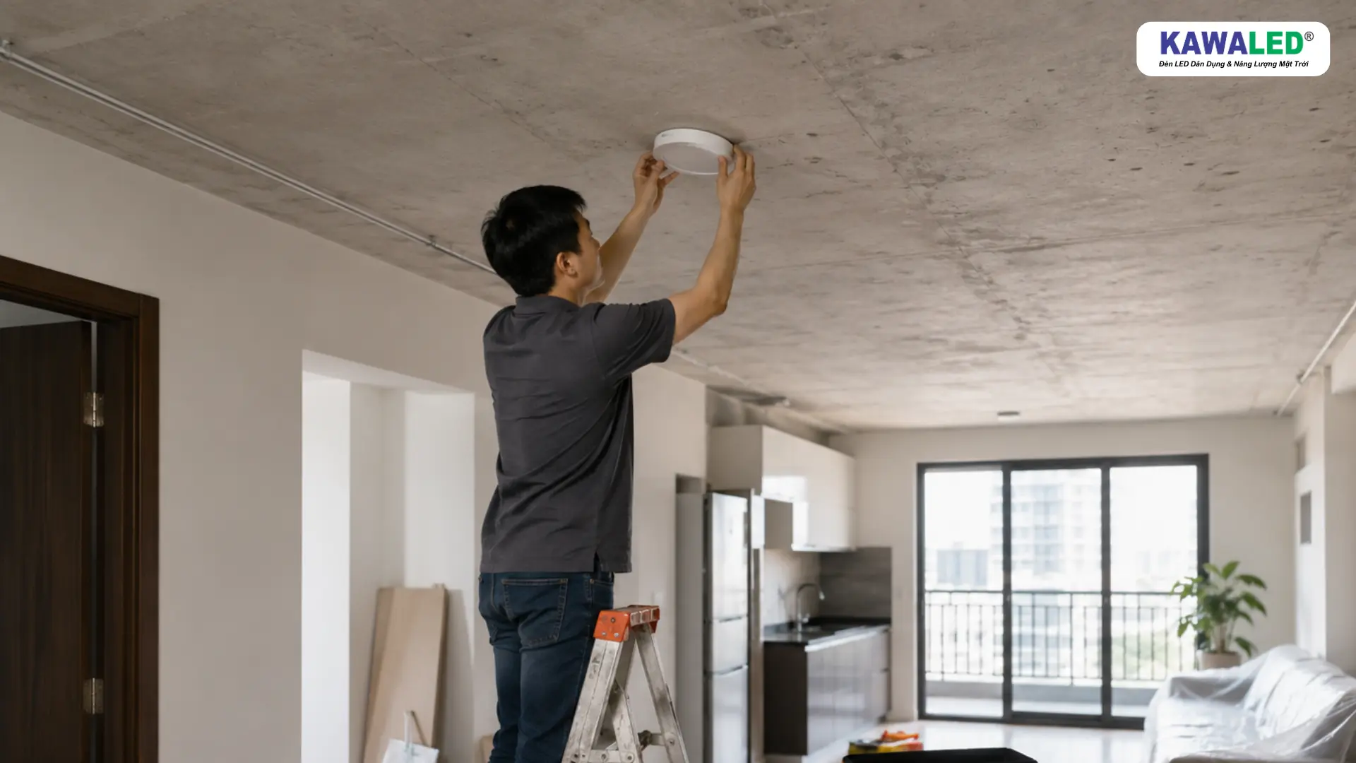 thợ lắp đèn led nổi trần trực tiếp lên trần bê tông nhà cải tạo