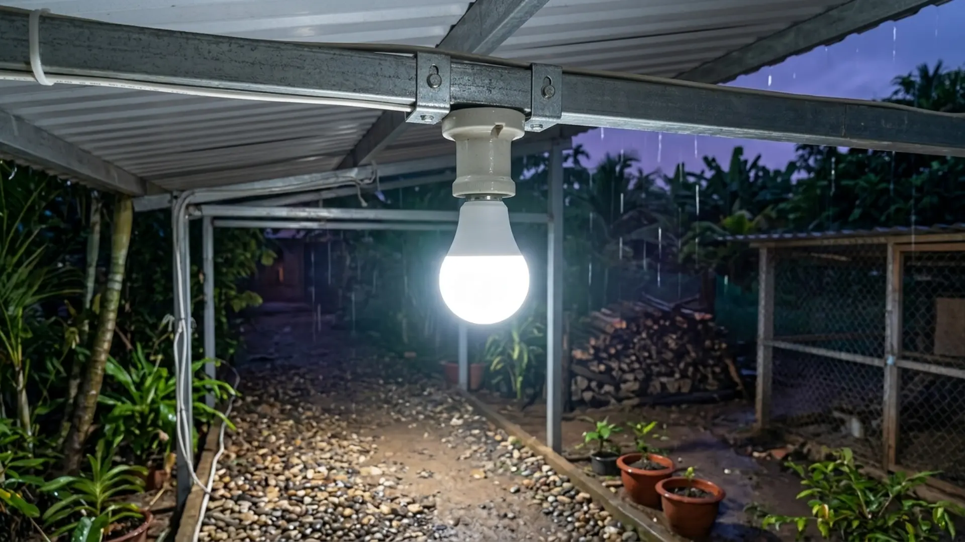 Bóng đèn led bulb có đui đèn được lắp đúng vị trí dưới mái che ngoài trời