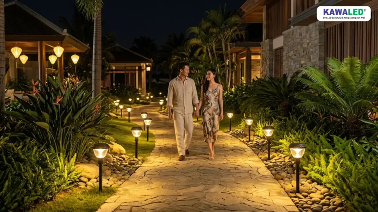 Cặp đôi đi dạo trong resort với đèn dẫn lối sân vườn