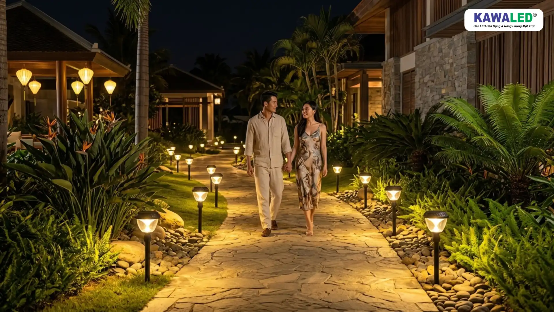 Cặp đôi đi dạo trong resort với đèn dẫn lối sân vườn