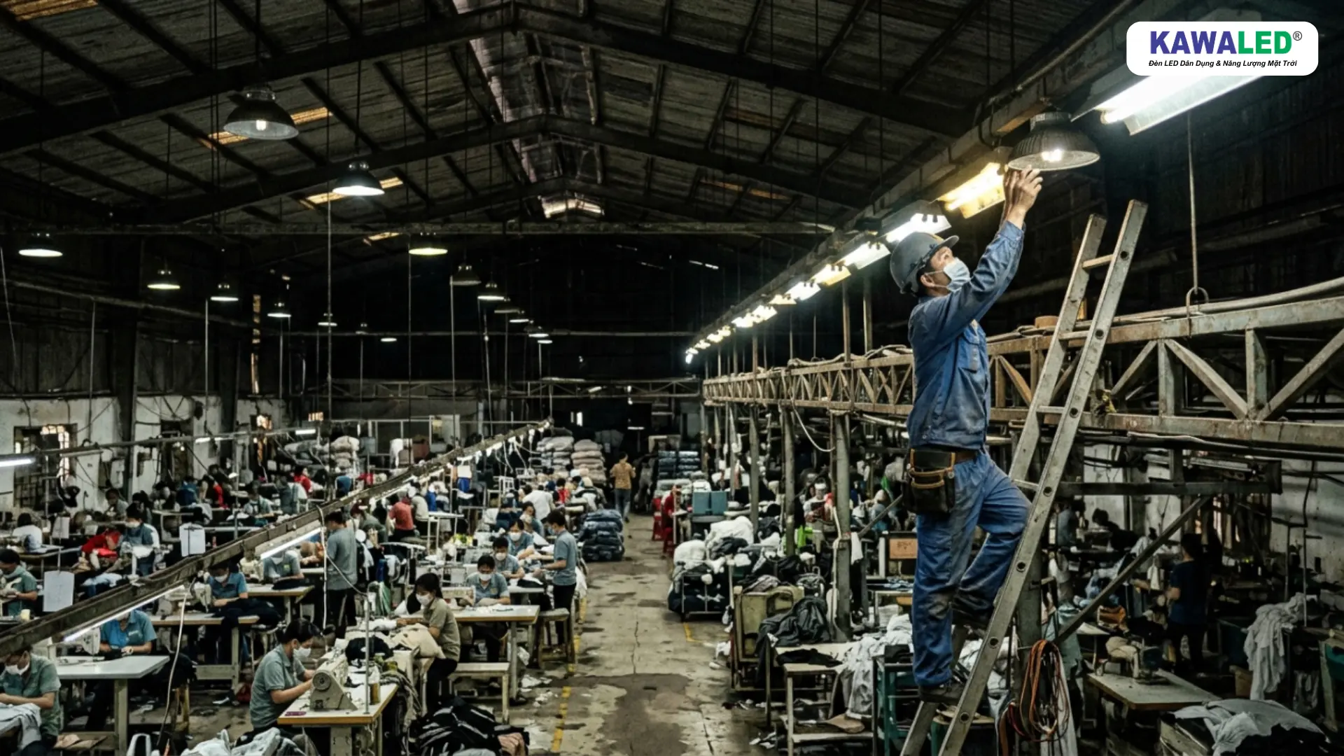 Kỹ thuật viên kiểm tra đèn led highbay giá rẻ bị nhấp nháy trong nhà xưởng