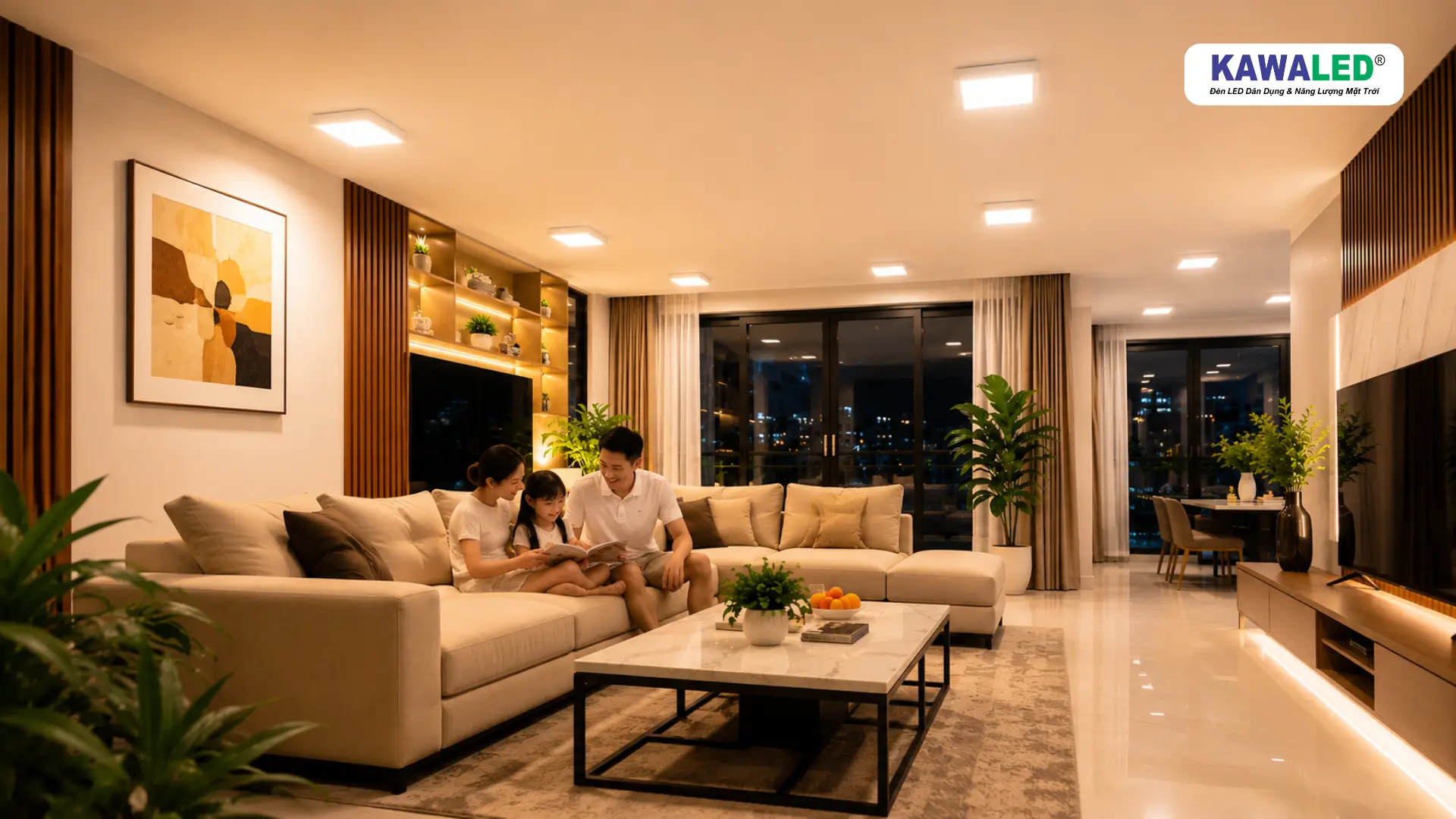 Phòng khách hiện đại sử dụng đèn LED nổi trần vuông KAWALED ánh sáng đẹp