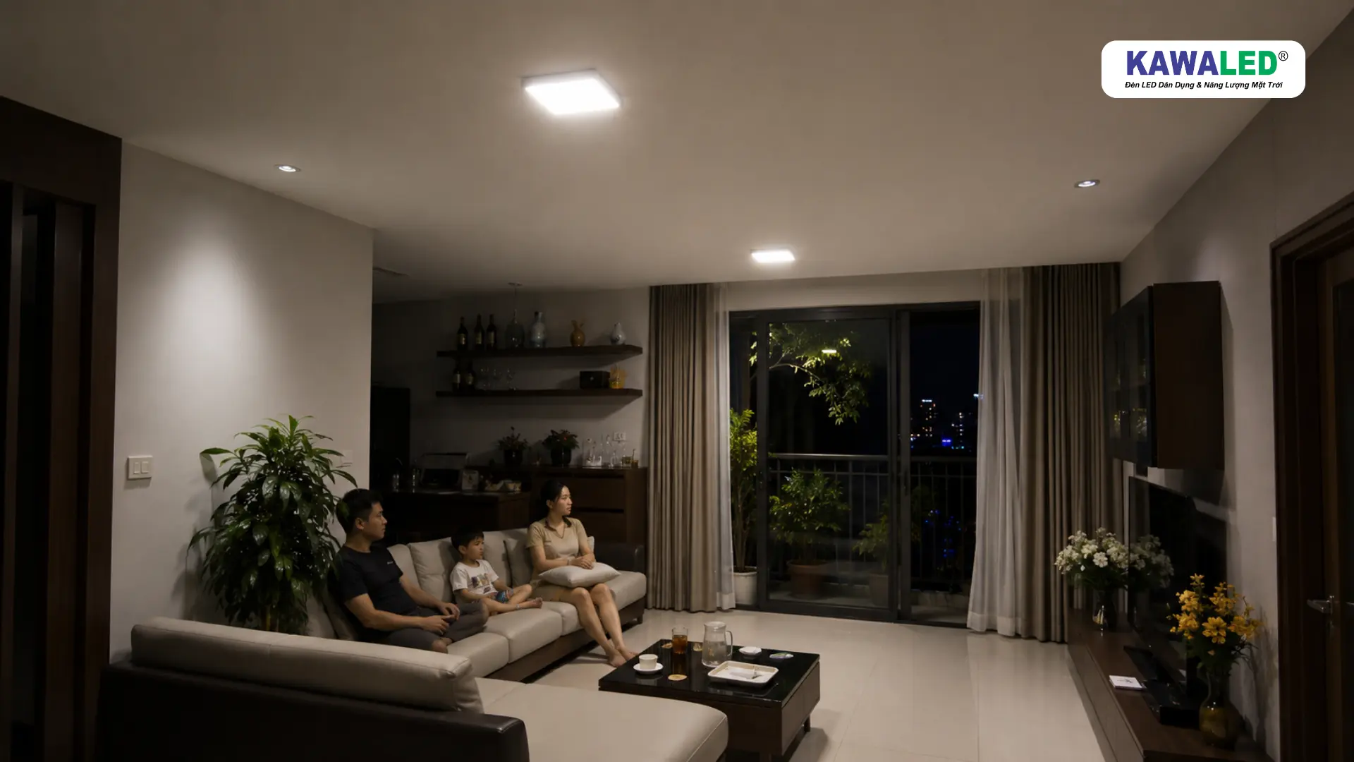 Gia đình thư giãn trong phòng khách sử dụng đèn LED nổi trần vuông KAWALED ánh sáng dịu nhẹ