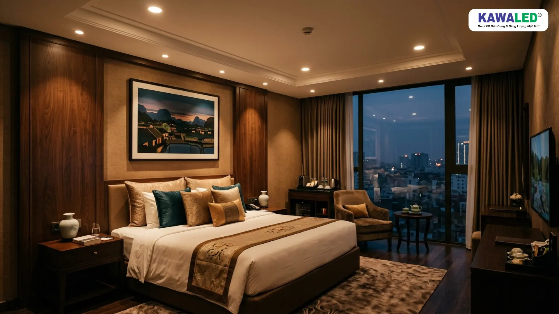 Phòng ngủ khách sạn hiện đại sử dụng đèn led âm trần chống chói