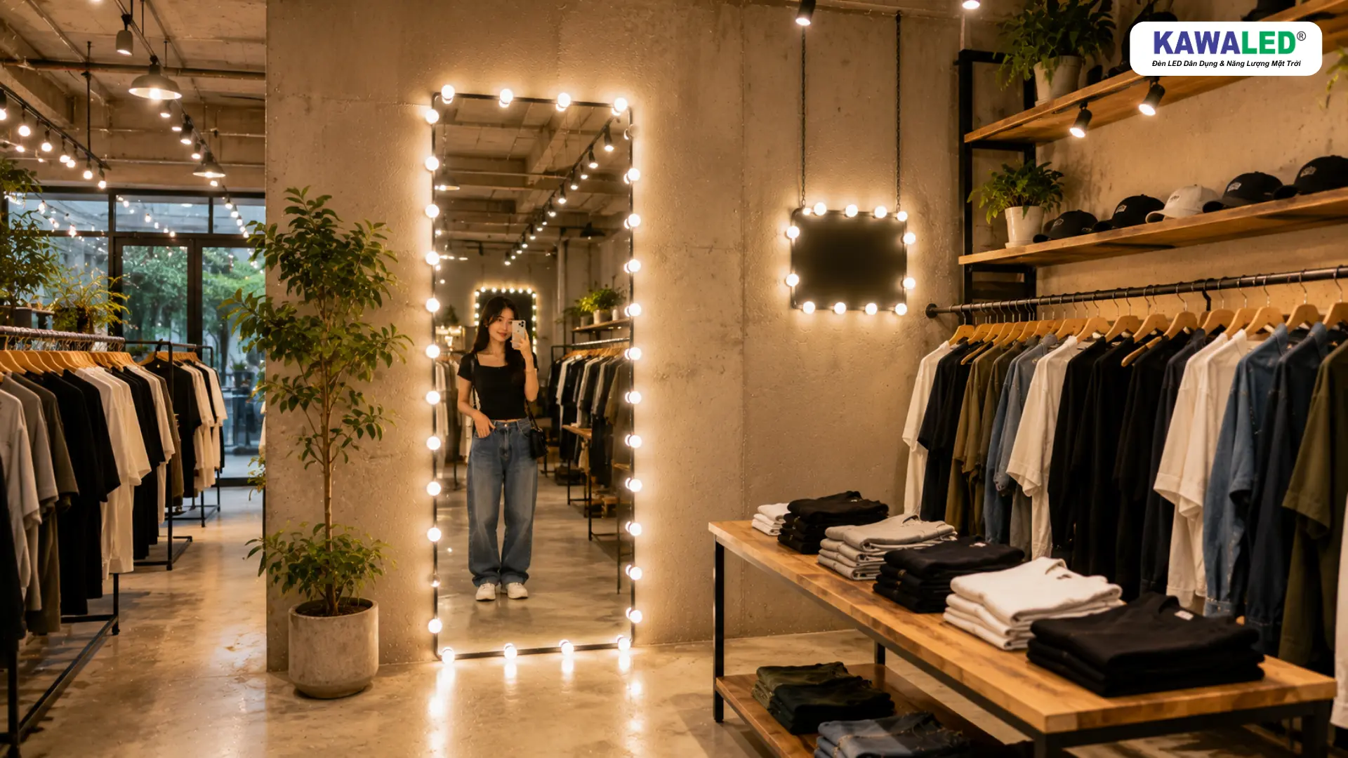 Shop quần áo hiện đại sử dụng bóng đèn LED trang trí quanh gương toàn thân