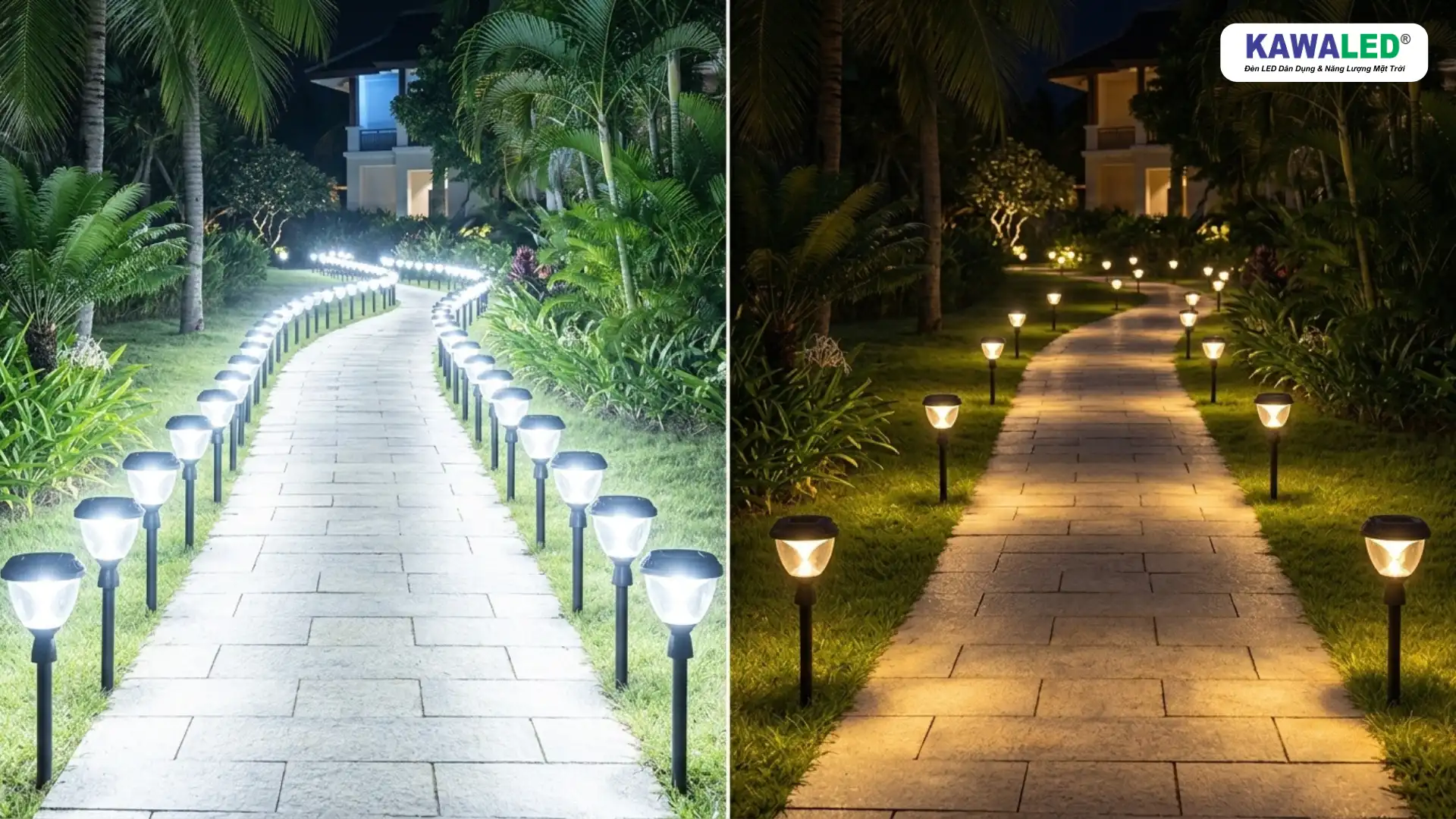 So sánh đèn sân vườn ánh sáng trắng gắt và vàng dịu trong resort