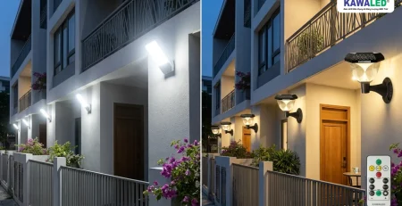 So sánh ánh sáng trắng gắt và ánh sáng vàng dịu của đèn gắn tường ngoài trời