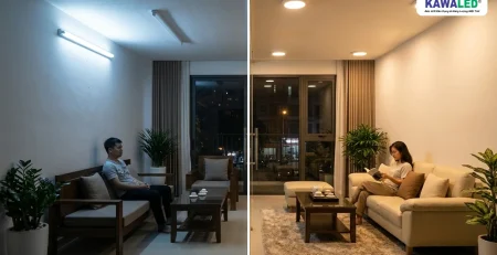 ánh sáng đèn led ốp trần dịu mắt so với ánh sáng trắng gắt