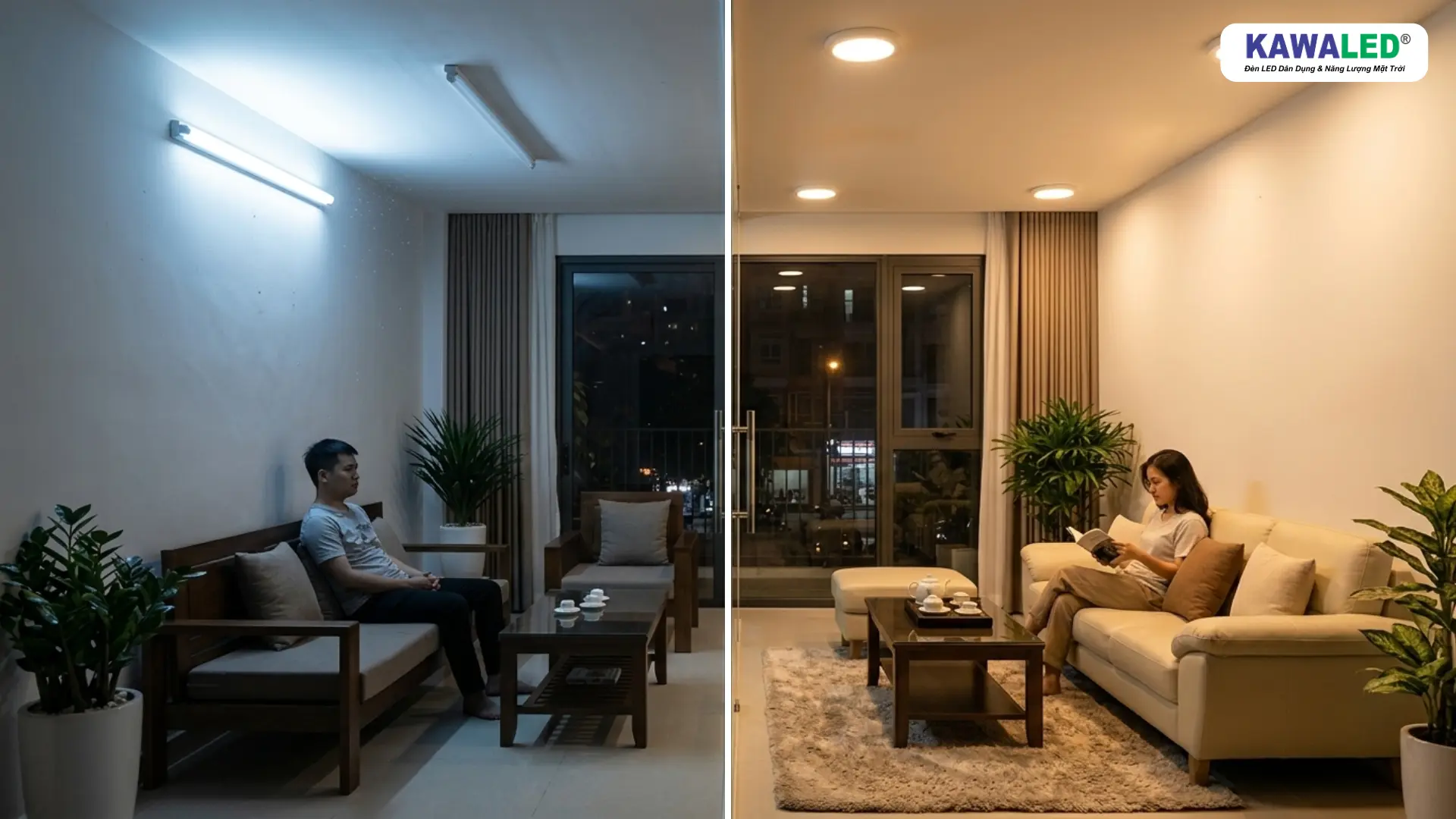 ánh sáng đèn led ốp trần dịu mắt so với ánh sáng trắng gắt
