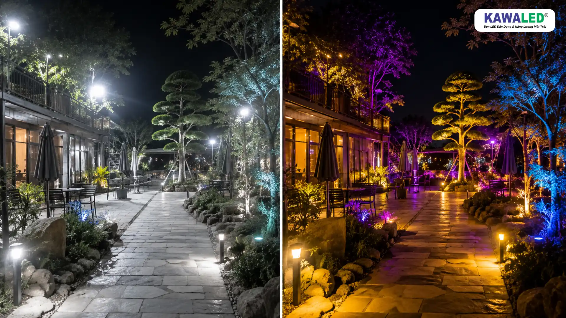 So sánh khu sân vườn dùng ánh sáng trắng và đèn pha led đổi màu RGB ngoài trời