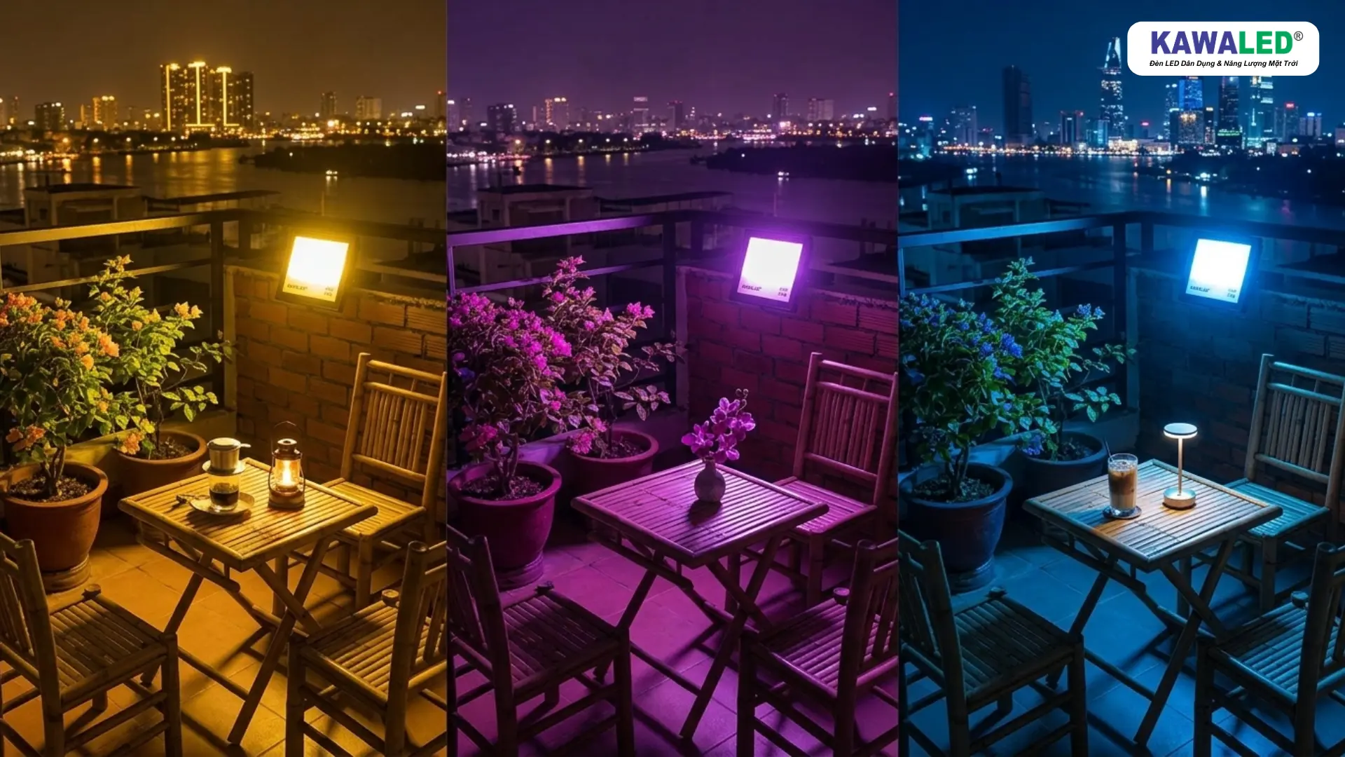 So sánh ánh sáng vàng tím xanh trong decor quán cà phê rooftop ban đêm