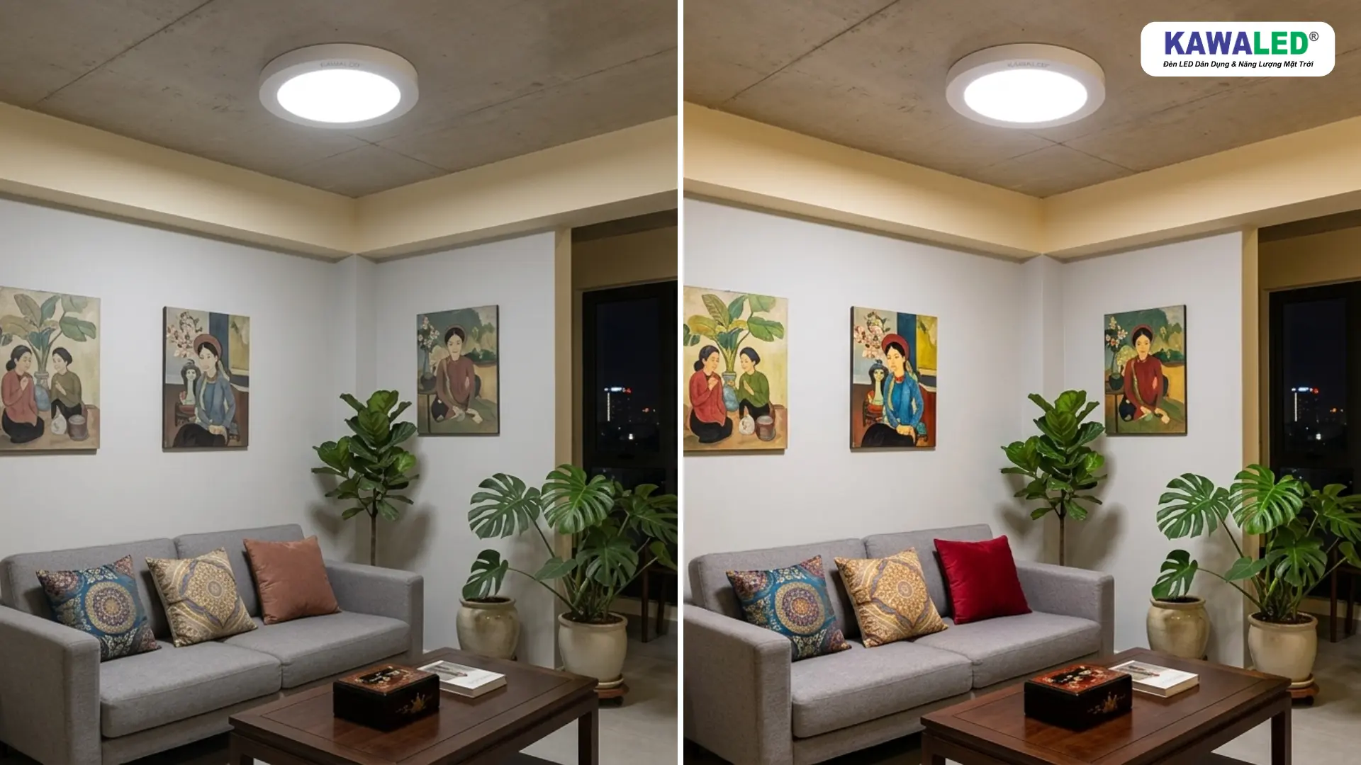 o sánh độ hiển thị màu sắc của đèn led ốp trần trong phòng khách