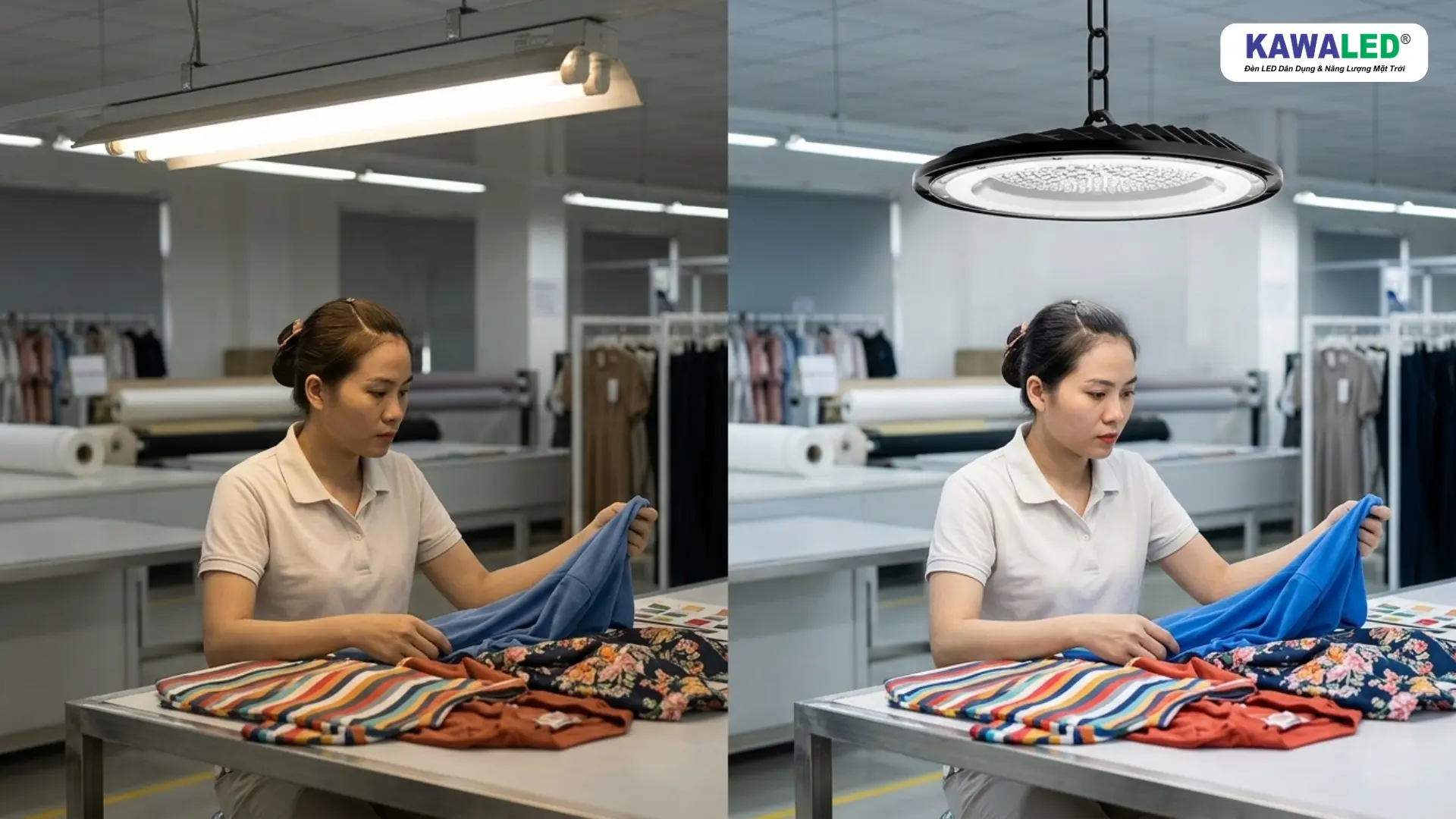 So sánh ánh sáng CRI thấp và CRI cao trong nhà xưởng may mặc