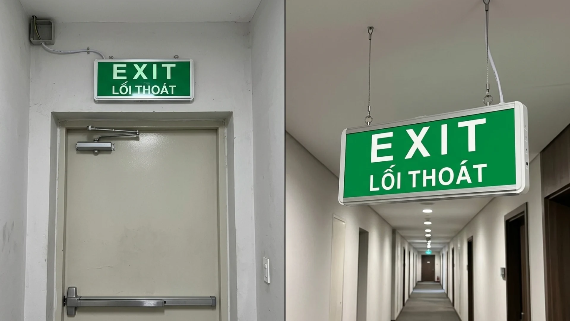 Hình ảnh so sánh đèn exit 1 mặt gắn tường và đèn exit 2 mặt treo hành lang