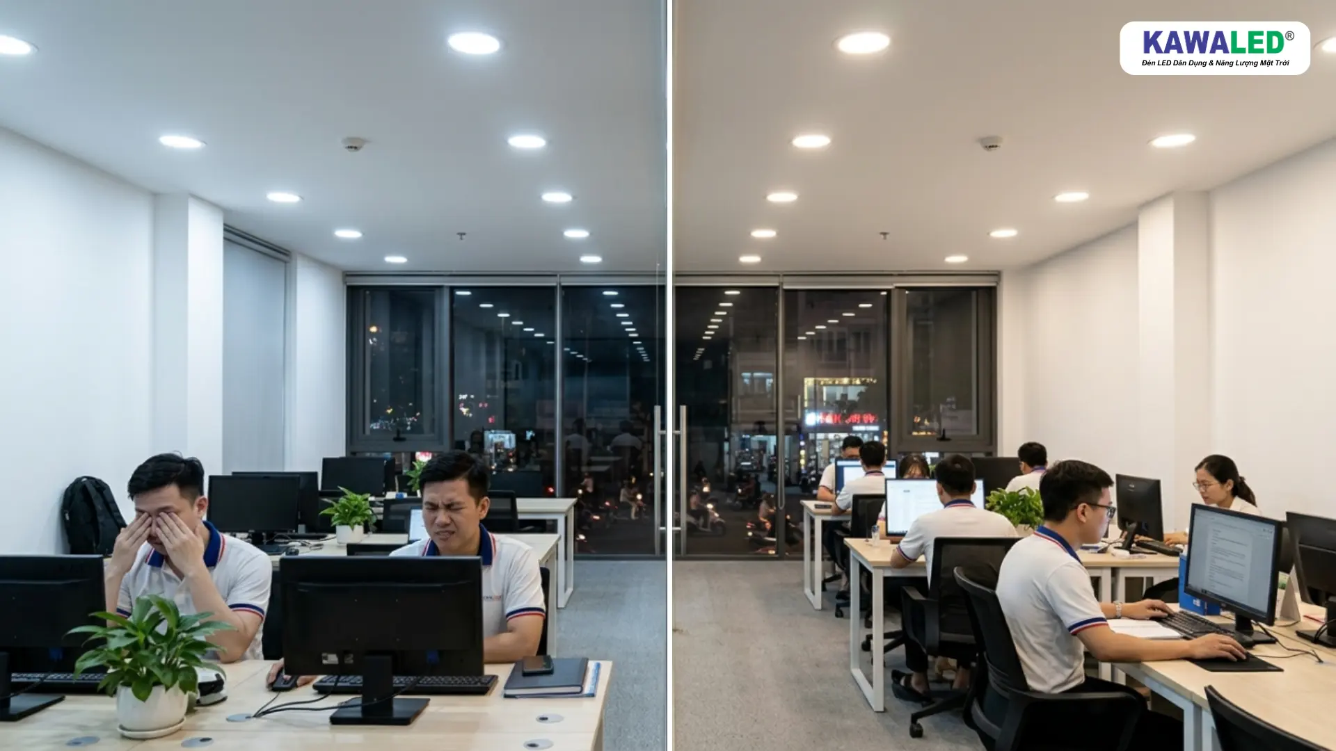 So sánh đèn led âm trần ánh sáng gắt và ánh sáng ổn định dễ chịu hơn cho mắt