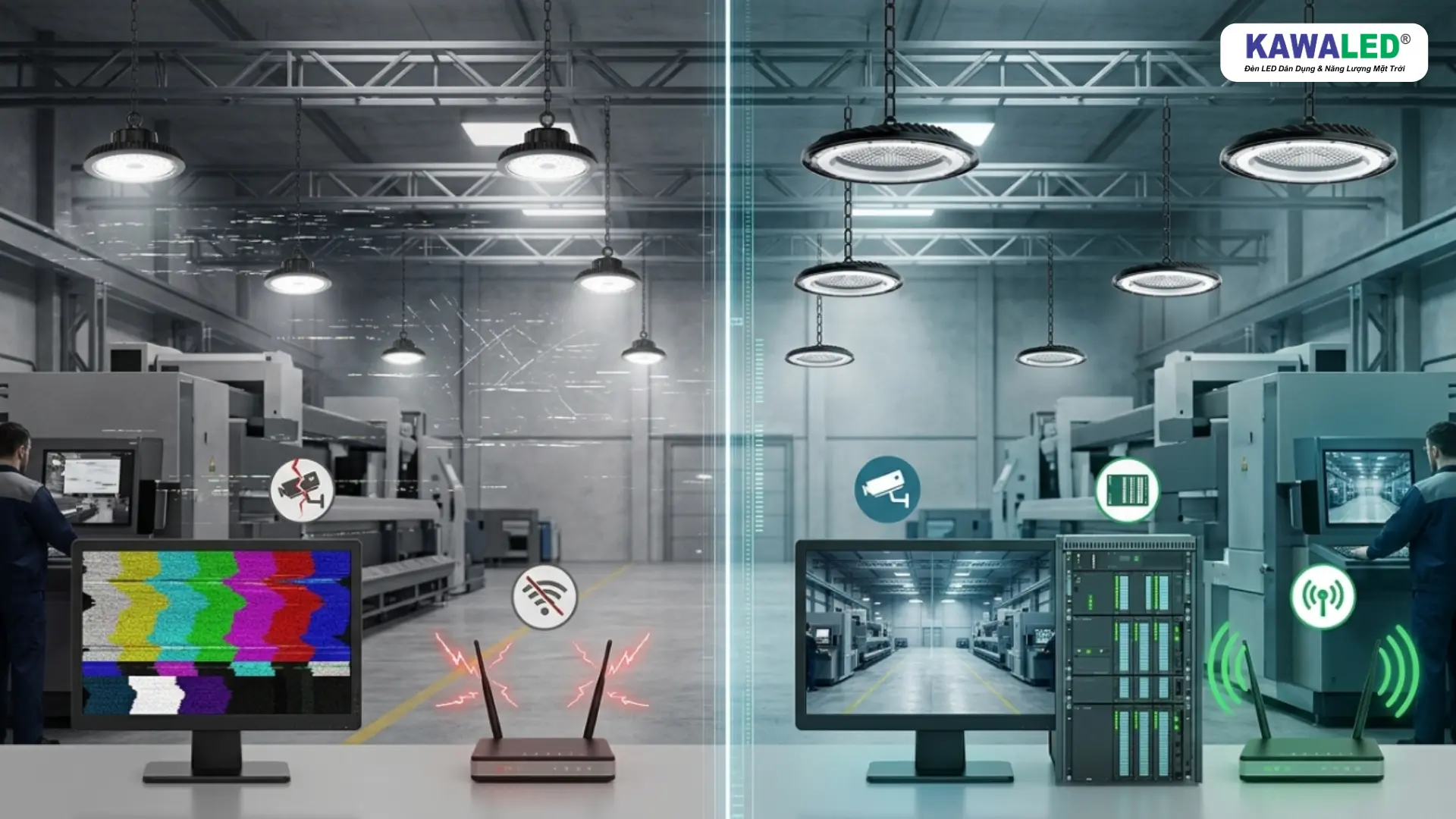 So sánh đèn led highbay có EMC giúp hệ thống camera và WiFi hoạt động ổn định hơn