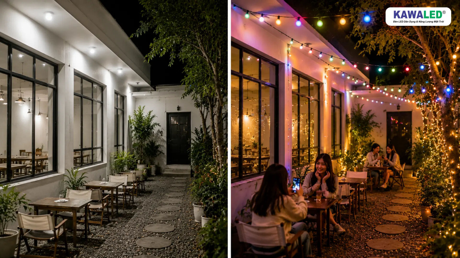 So sánh quán café dùng đèn trắng thông thường và bóng đèn trang trí nhiều màu