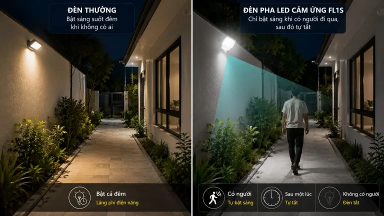 So sánh đèn thường bật cả đêm và đèn pha cảm ứng FL1S tiết kiệm điện