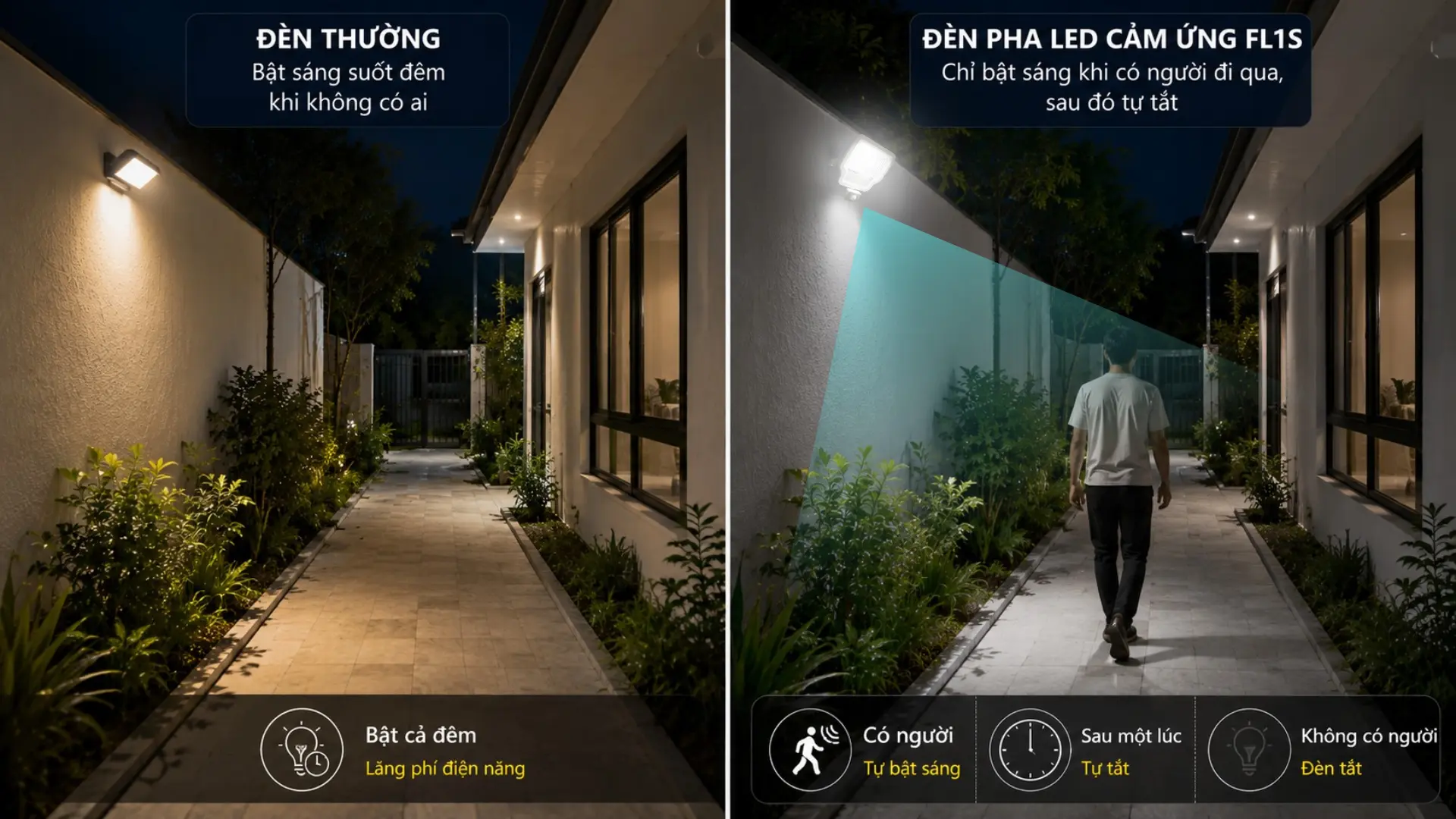 So sánh đèn thường bật cả đêm và đèn pha cảm ứng FL1S tiết kiệm điện
