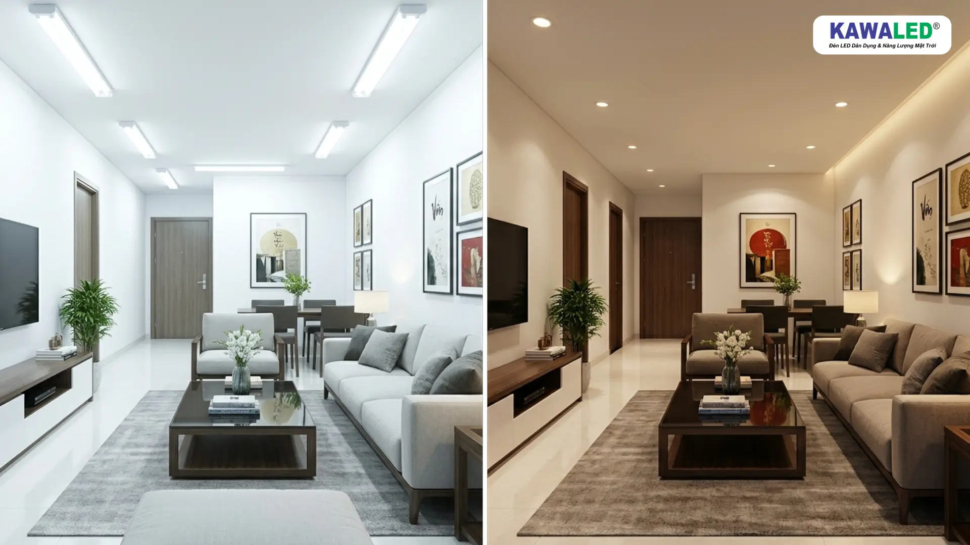 So sánh phòng khách dùng ánh sáng trắng gắt và đèn downlight âm trần chống chói