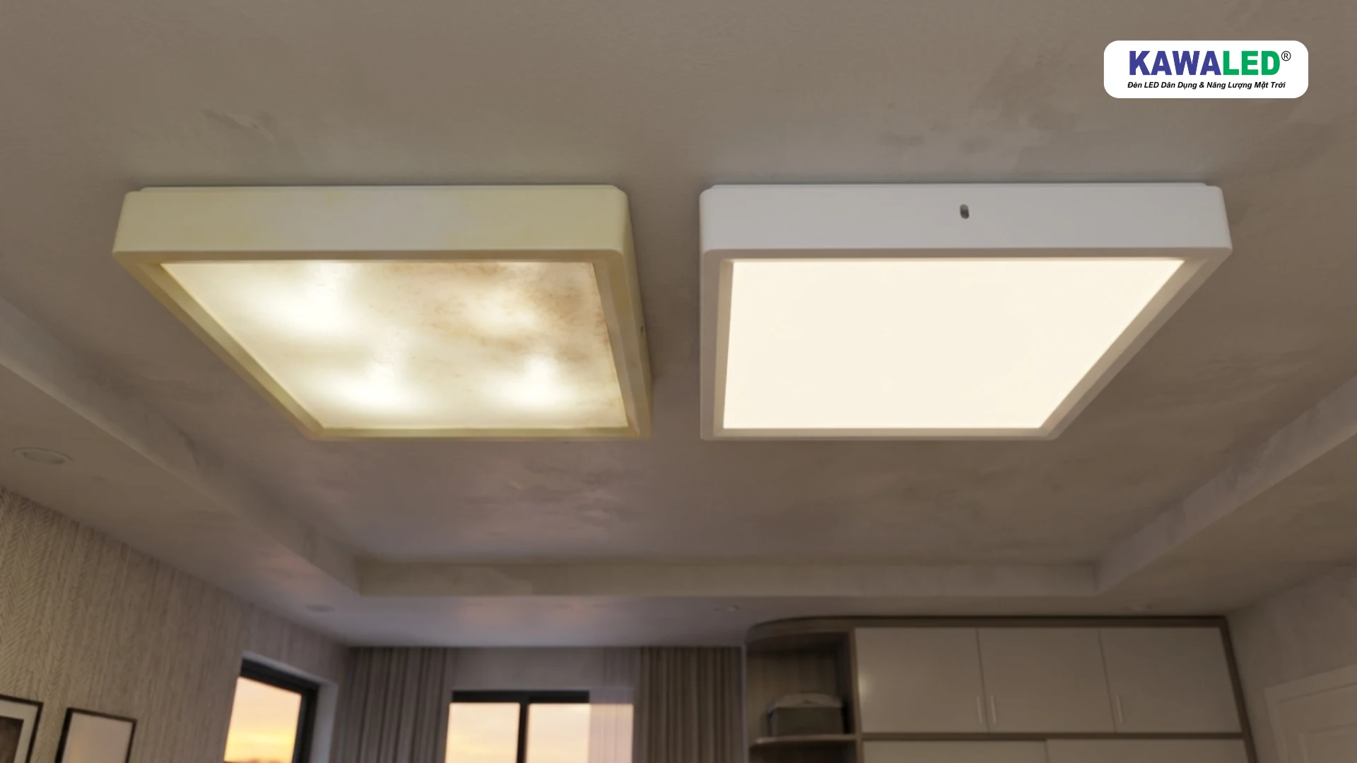 Đèn phổ thông bị ố vàng so với đèn LED nổi trần KAWALED ánh sáng đều đẹp