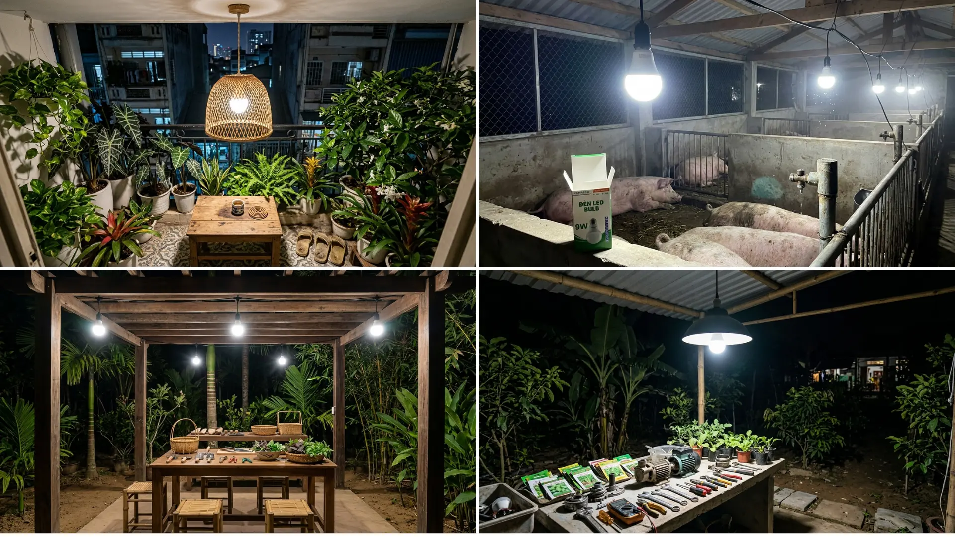 Collage nhiều ứng dụng thực tế của đèn led bulb trong đời sống và nông nghiệp