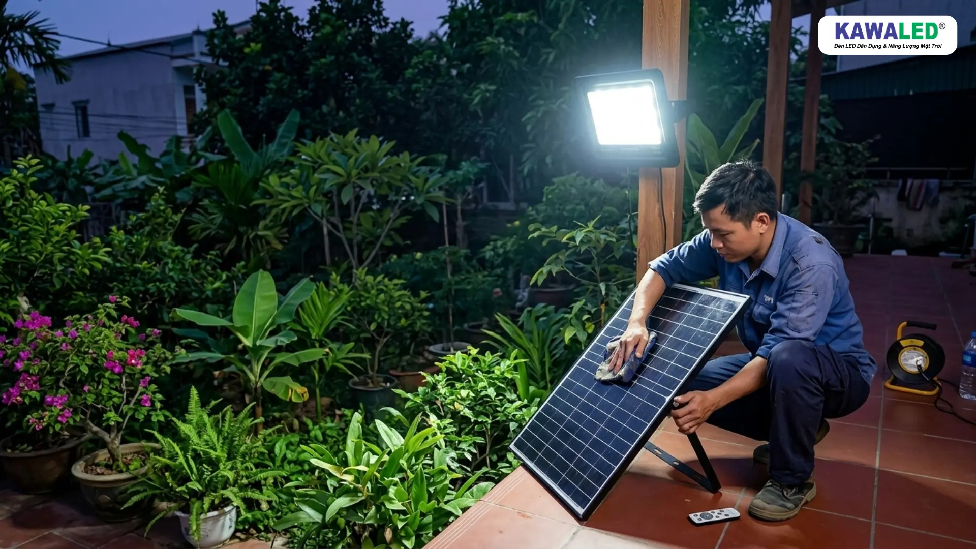 Kỹ thuật viên vệ sinh tấm pin đèn năng lượng mặt trời ngoài trời