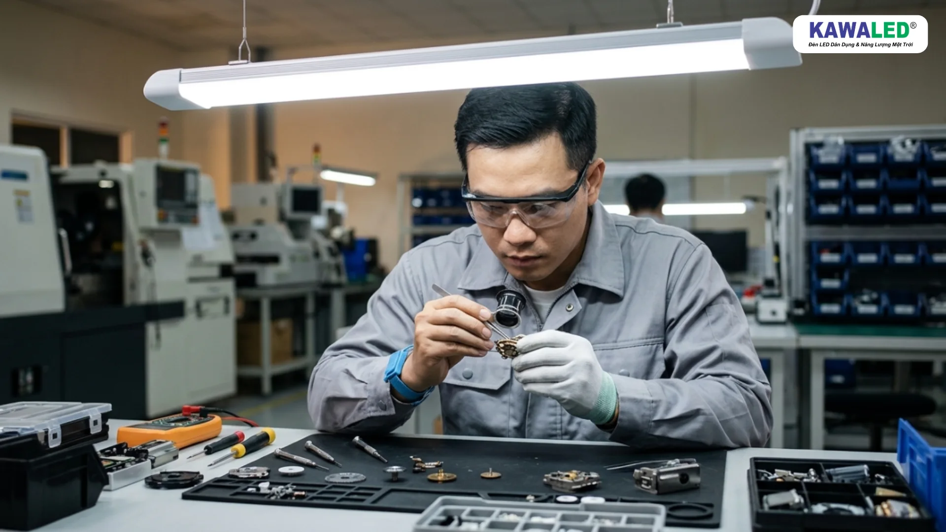Công nhân kiểm tra chi tiết sản phẩm dưới ánh sáng từ đèn led bán nguyệt KAWALED