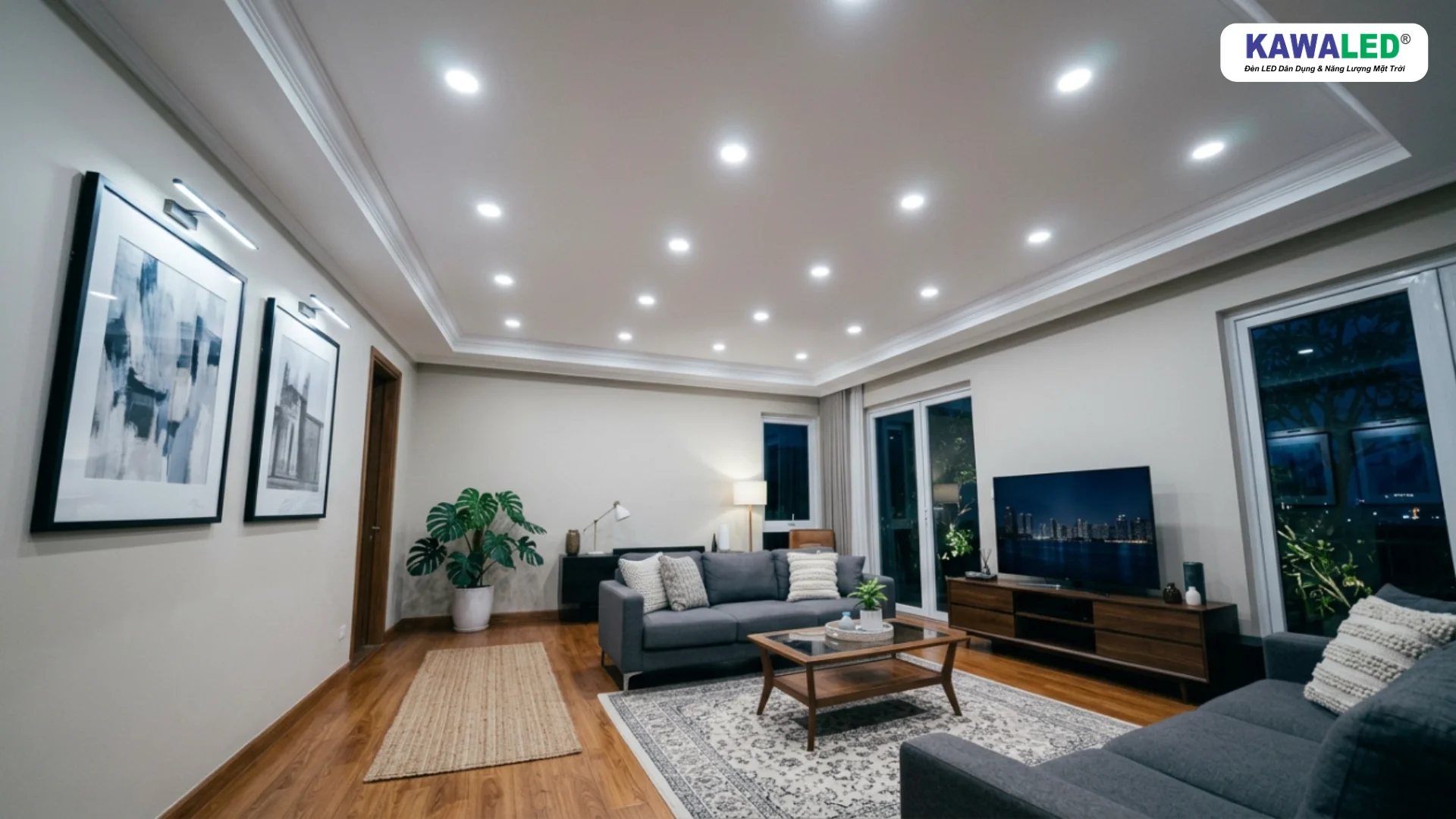 Bố trí đèn led âm trần phòng khách buổi tối sáng đều và sang trọng