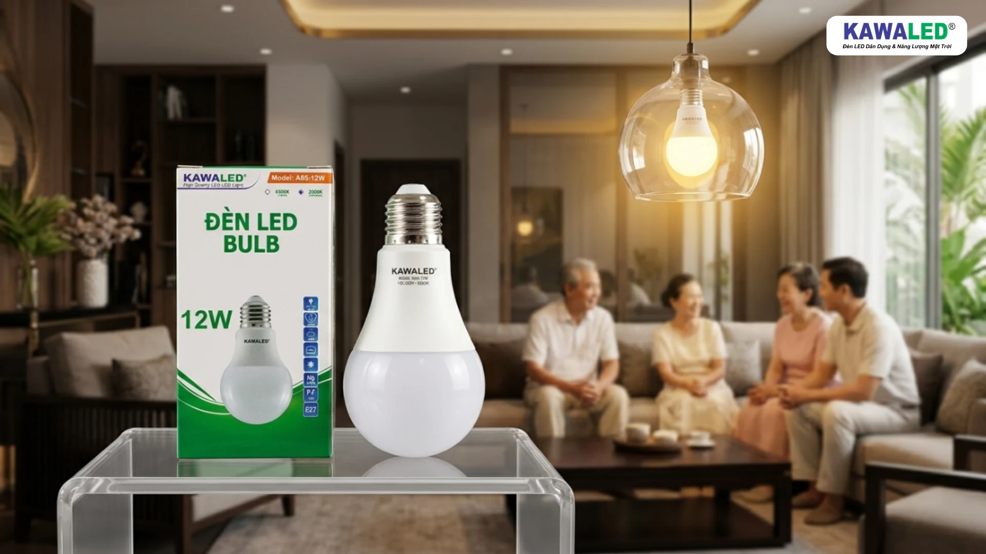 Bóng đèn LED Bulb KAWALED A65-12W cùng hộp sản phẩm trong phòng khách hiện đại