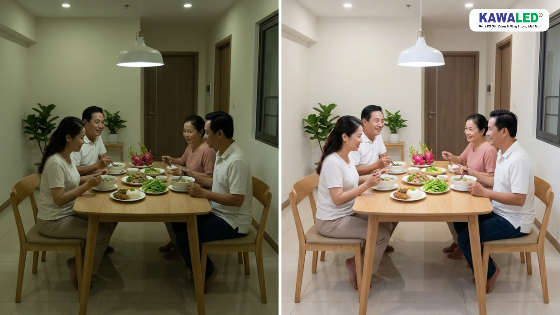 So sánh bóng đèn LED giá rẻ và bóng đèn LED chất lượng trong phòng ăn