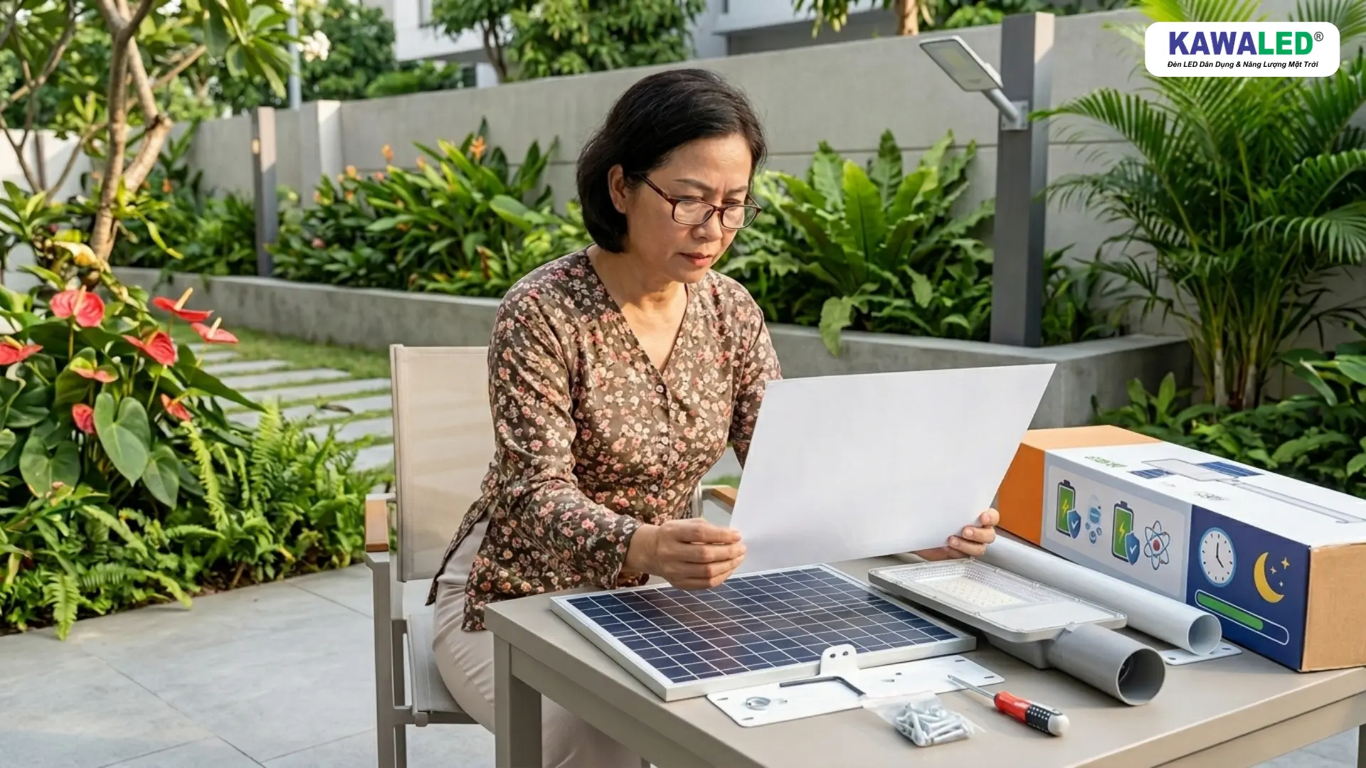 Người dùng kiểm tra thông số đèn năng lượng mặt trời trước khi mua