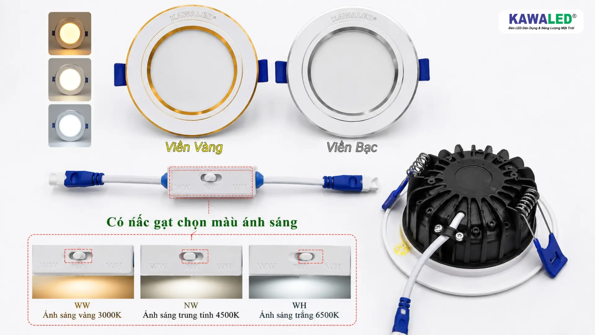 Cấu tạo đèn âm trần đổi màu KAWALED DLA90-7W-3CM với nút gạt chọn màu ánh sáng