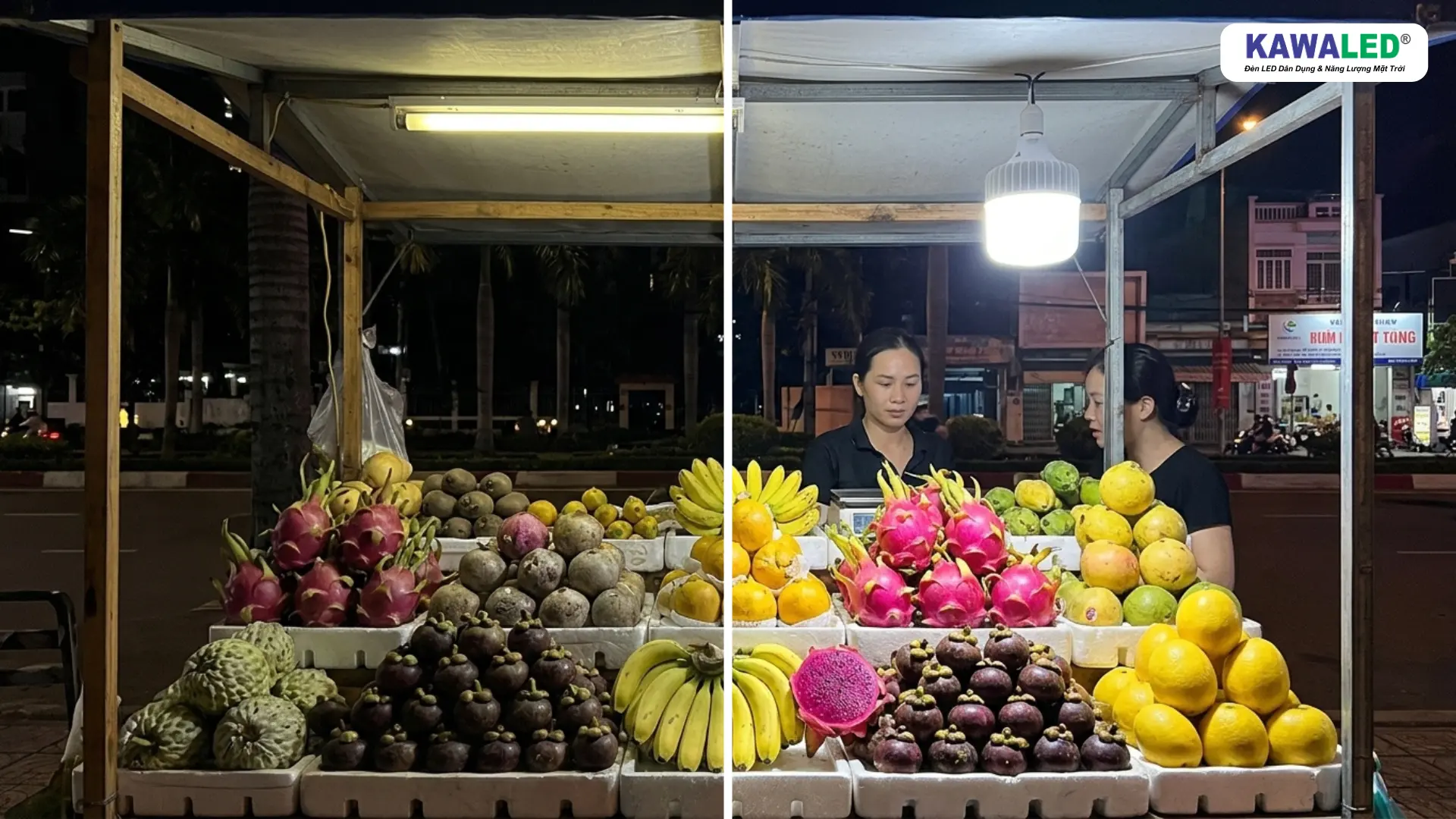 So sánh màu sắc trái cây dưới đèn LED CRI thấp và đèn LED KAWALED CRI cao