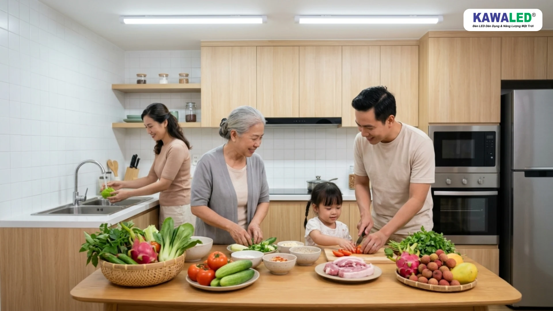 Gia đình chuẩn bị bữa ăn dưới ánh sáng đèn LED Oval KAWALED CRI cao