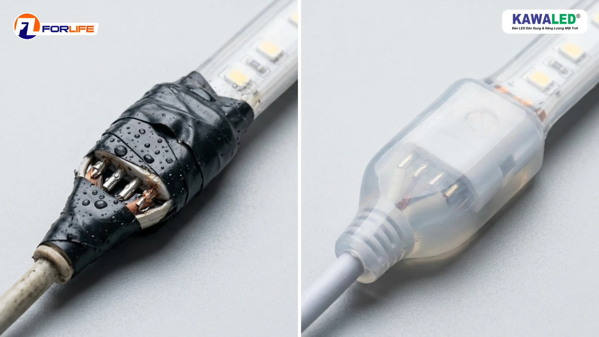 So sánh đầu nối đèn led dây ngoài trời chống nước đúng kỹ thuật và sai kỹ thuật
